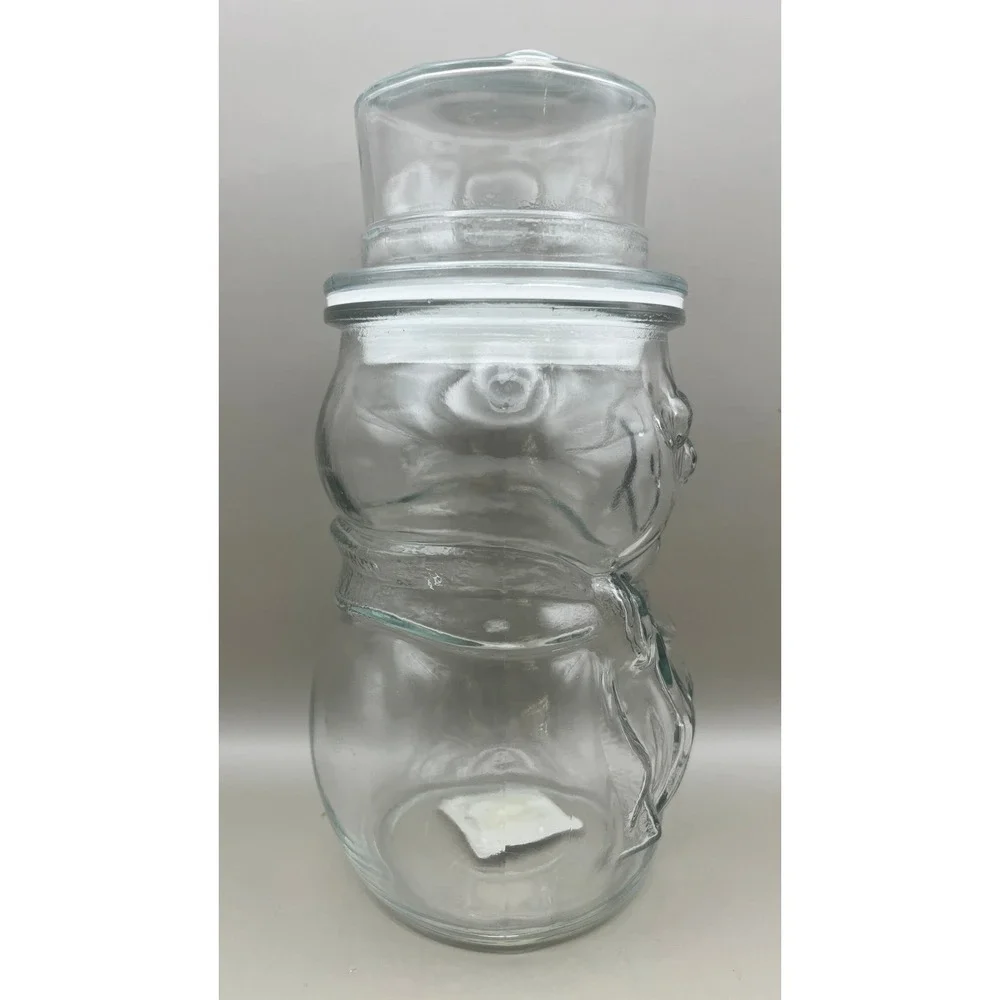 Vtg Libbey‎ Clear Glass Snowman Jar with Top Hat Lid Holiday Storage 75303 1638